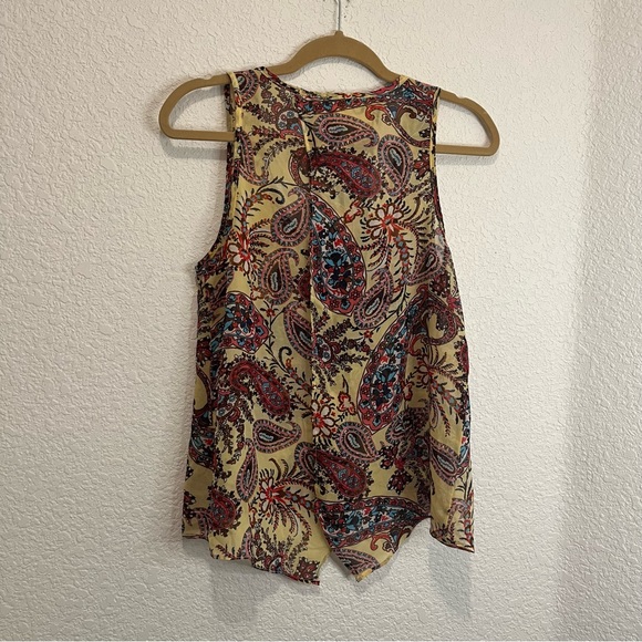 Copper Key Paisley Sheer Sleeveless Split Back Top Yellow Red Blouse Womens M - Picture 3 of 10